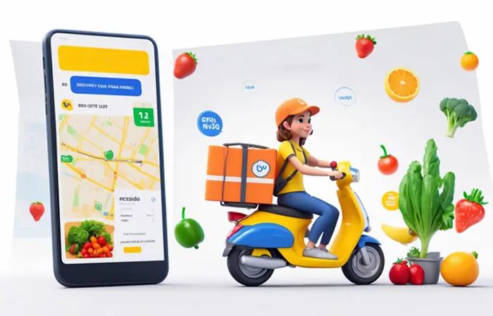 Online Food Ordering Concept Girl on Bike Delivering Vegetables 3D Character Illustration